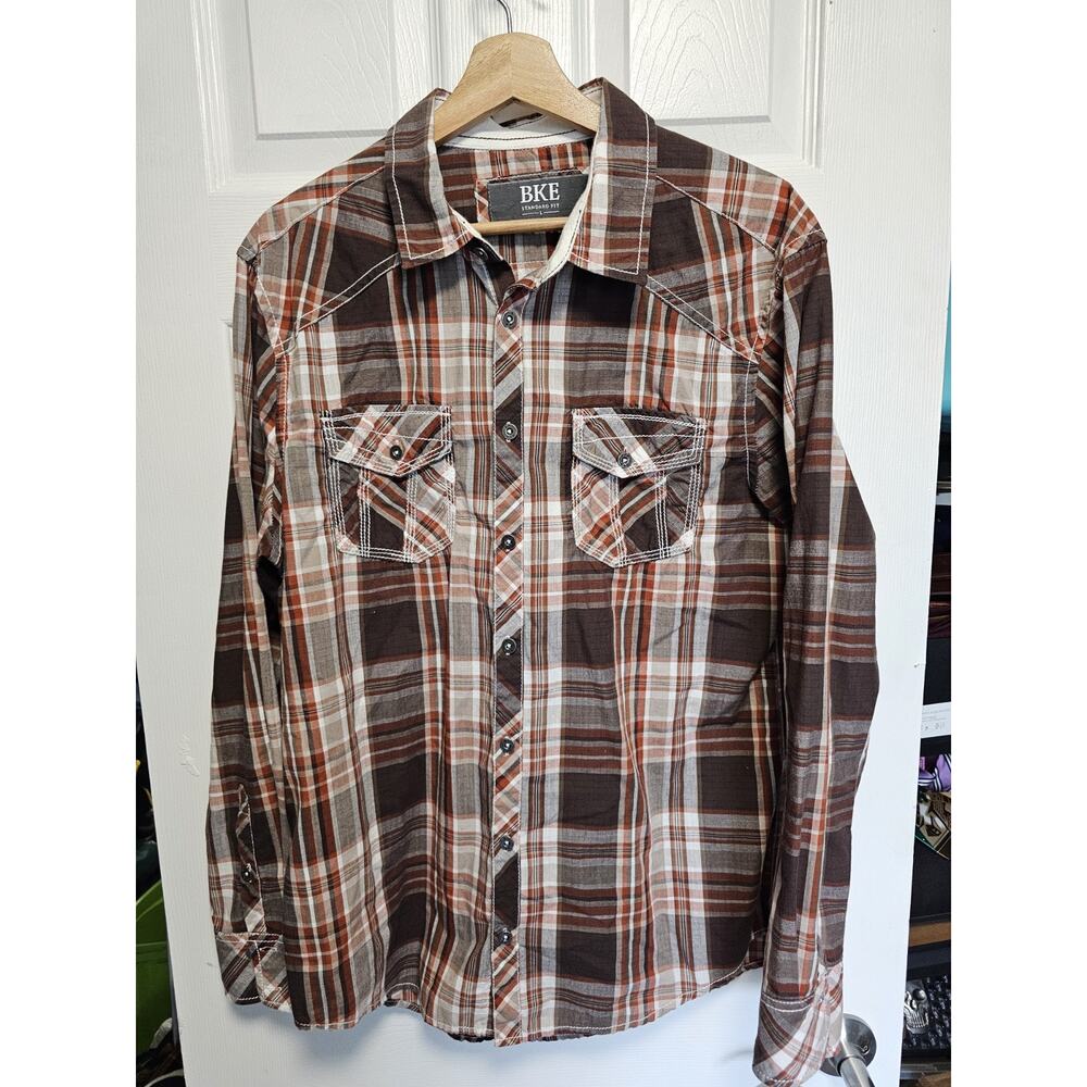 Buckle BKE Shirt Men Sz L Plaid Button Up Standard Fit Cotton Blend 2-Pockets